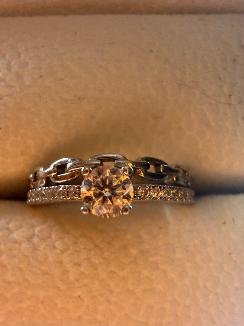 Delicate Silver Solitaire Ring with Chain and Pavé Accents - Silver White - Picture 2 of 5